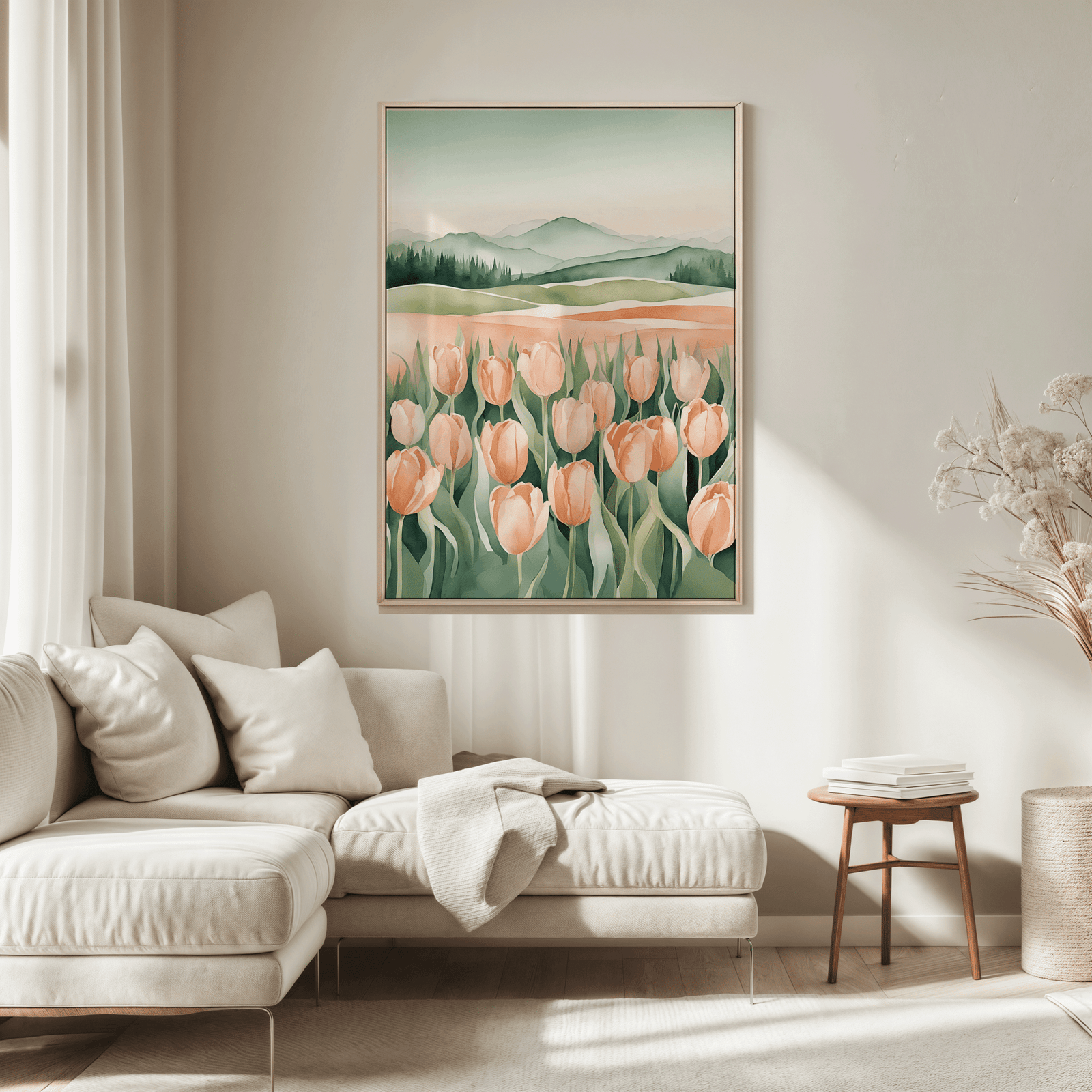 Tulip field wall art in a natural frame above a cream sofa in a sunlit neutral living room