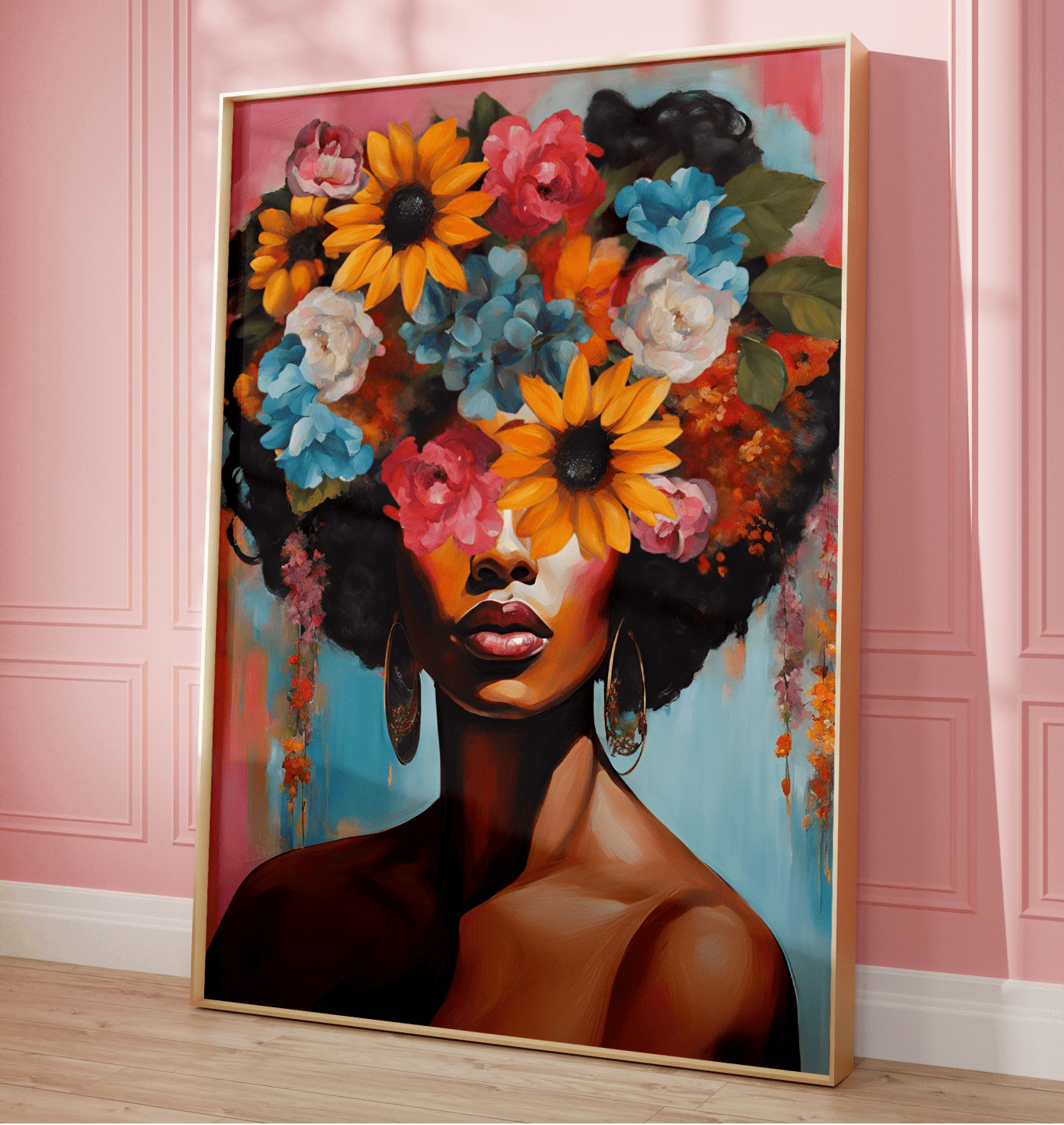 Modern flower head wall art with a black woman and bold, colorful flowers perfect for bedroom. Contemporary feminine floral portrait print framed against a pink wall.
