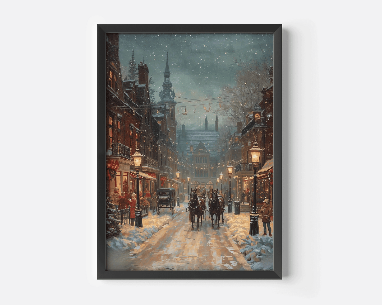 Black-framed wall art print of a vintage Victorian Christmas street scene with snow-covered cobblestones, horse-drawn carriage, warm gas lamps, and richly textured oil-painting brushstrokes in deep reds and greens.
