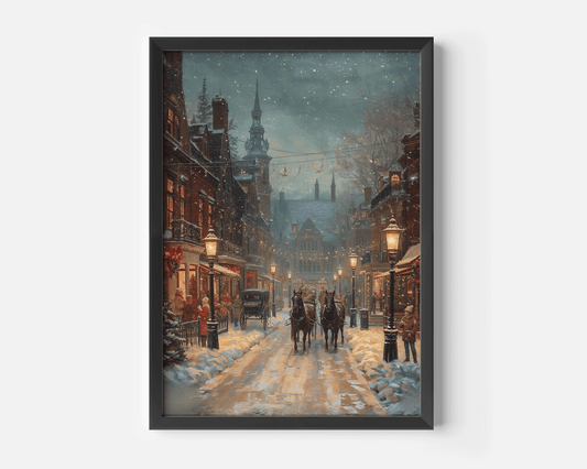 Black-framed wall art print of a vintage Victorian Christmas street scene with snow-covered cobblestones, horse-drawn carriage, warm gas lamps, and richly textured oil-painting brushstrokes in deep reds and greens.