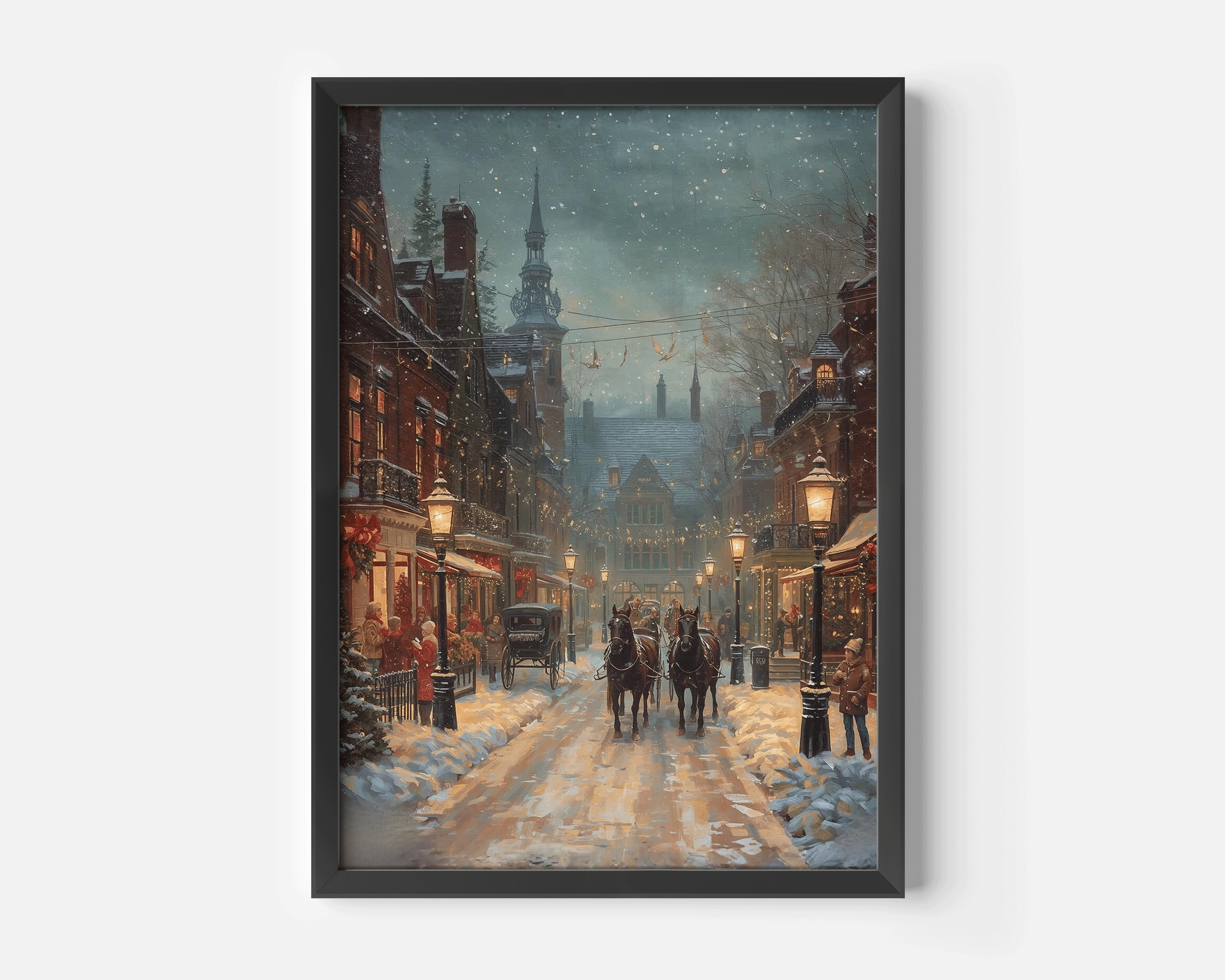 Black-framed wall art print of a vintage Victorian Christmas street scene with snow-covered cobblestones, horse-drawn carriage, warm gas lamps, and richly textured oil-painting brushstrokes in deep reds and greens.