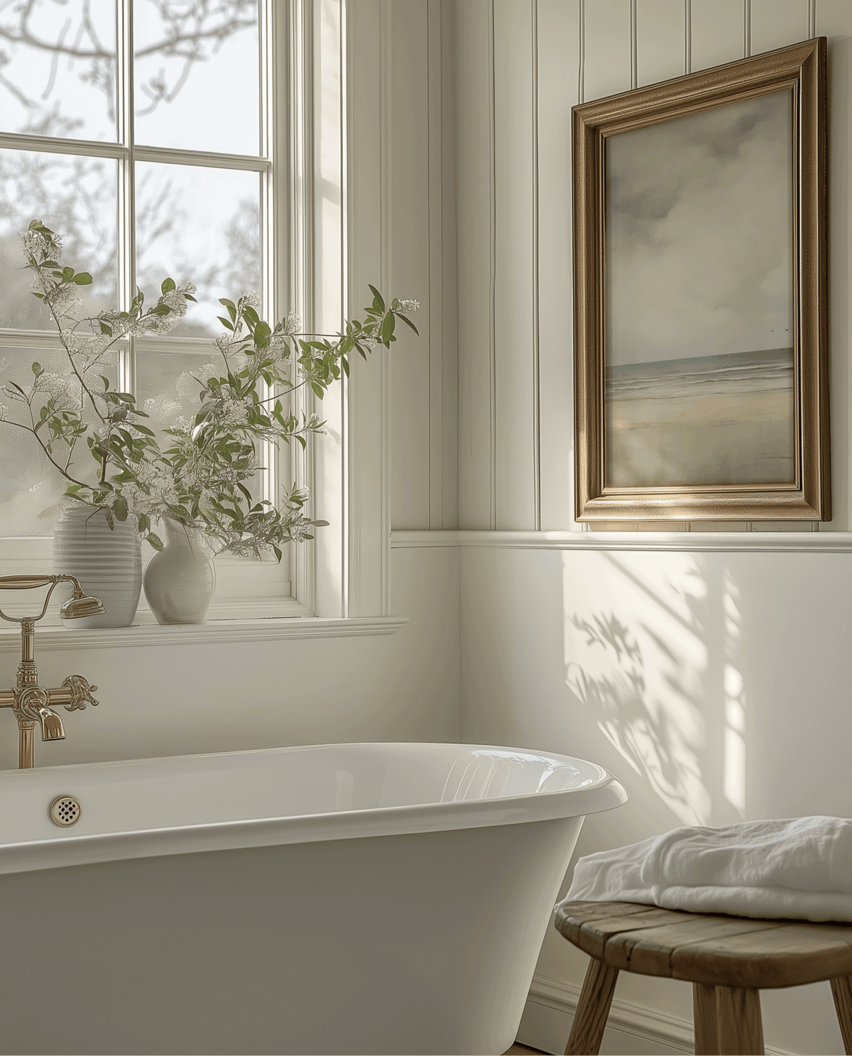 Bathroom with freestanding bathtub, window with plants, and vintage minimal beach landscape framed wall art framed artwork.