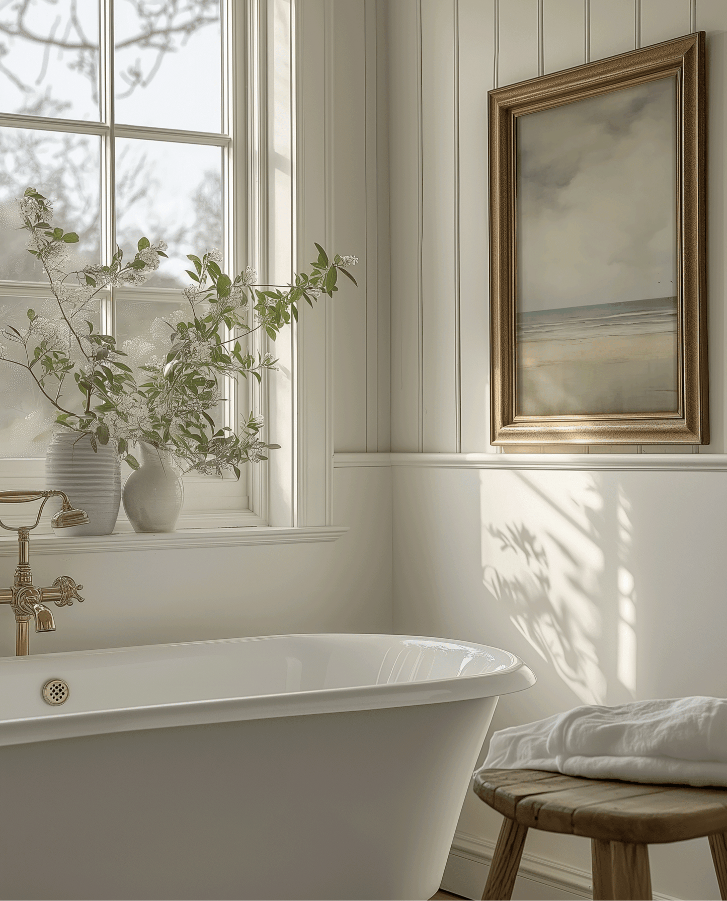 Bathroom with freestanding bathtub, window with plants, and vintage minimal beach landscape framed wall art framed artwork.