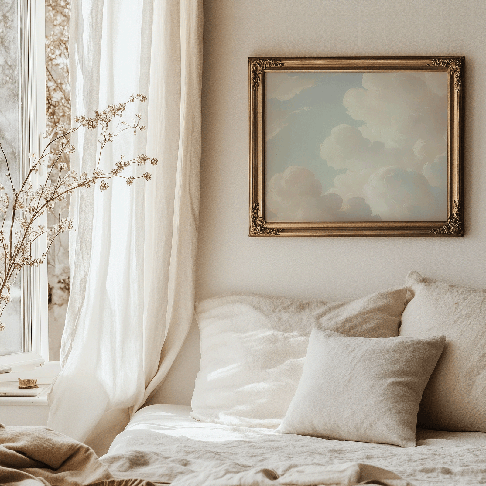Gold framed vintage cloud wall art above bed with soft neutral bedding