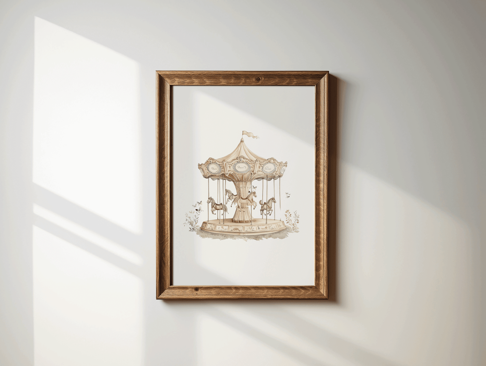 Brown wooden-framed vintage carousel nursery print featuring butterflies and horses in pastel tones on a beige wall