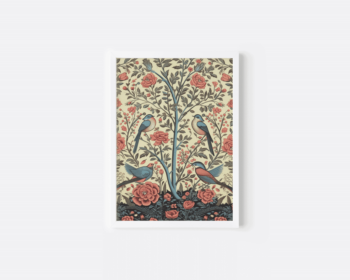 Vintage bird and floral print in a small white frame