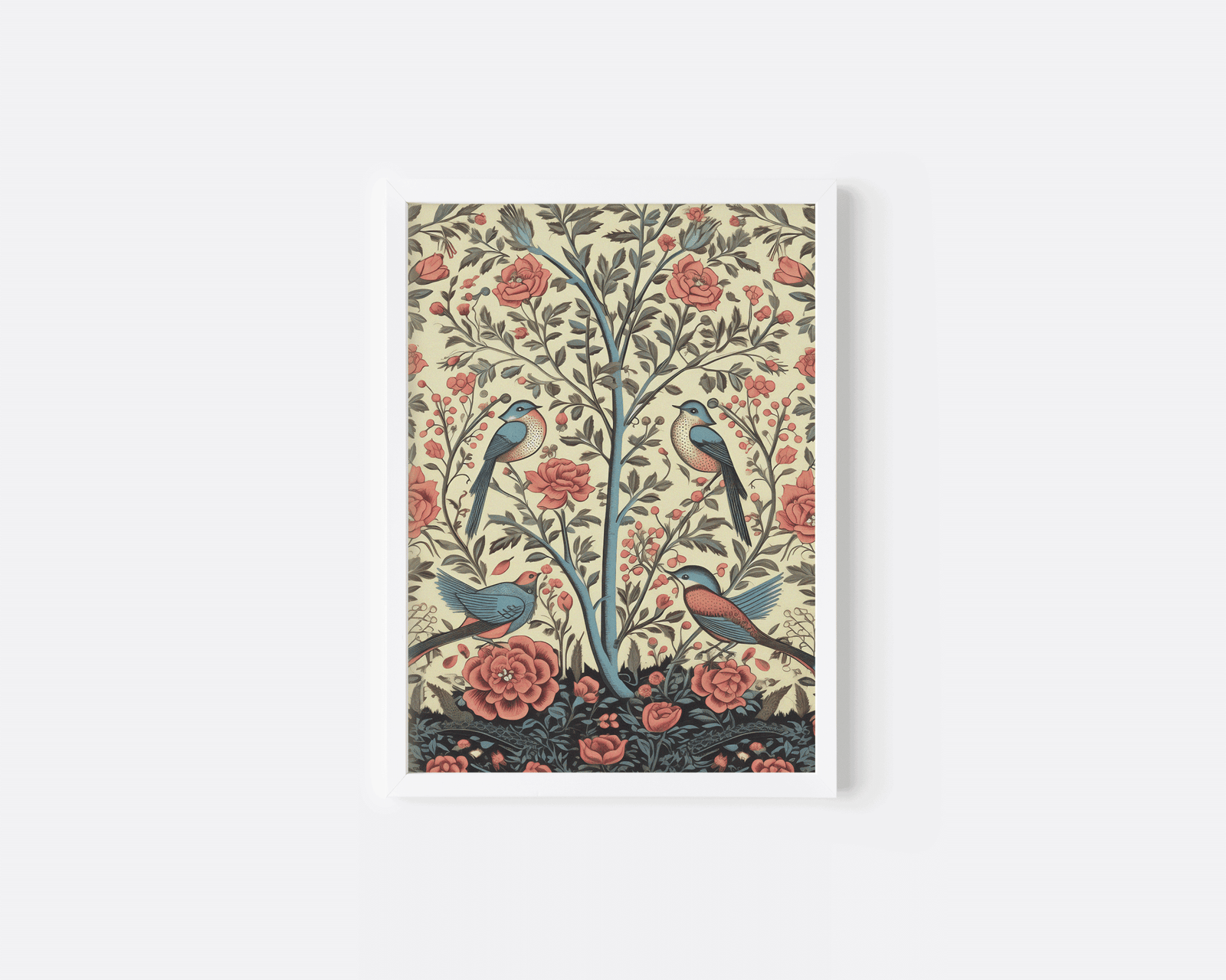 Vintage bird and floral print in a small white frame