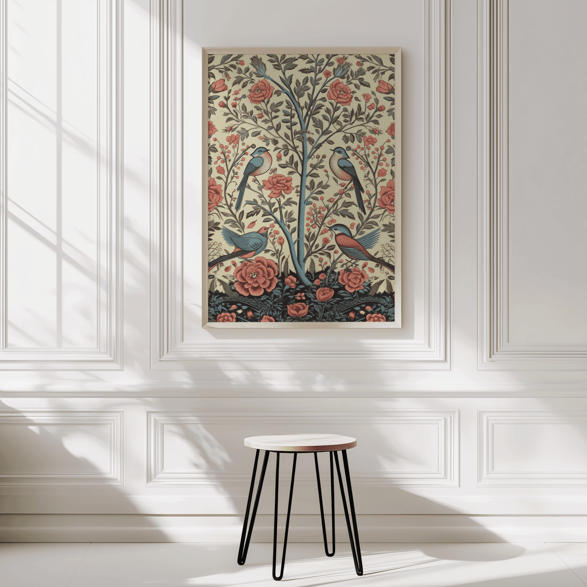 Vintage bird print in a natural frame on a white panelled wall above a black stool