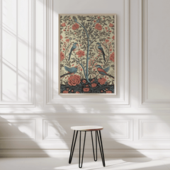 Vintage bird print in a natural frame on a white panelled wall above a black stool