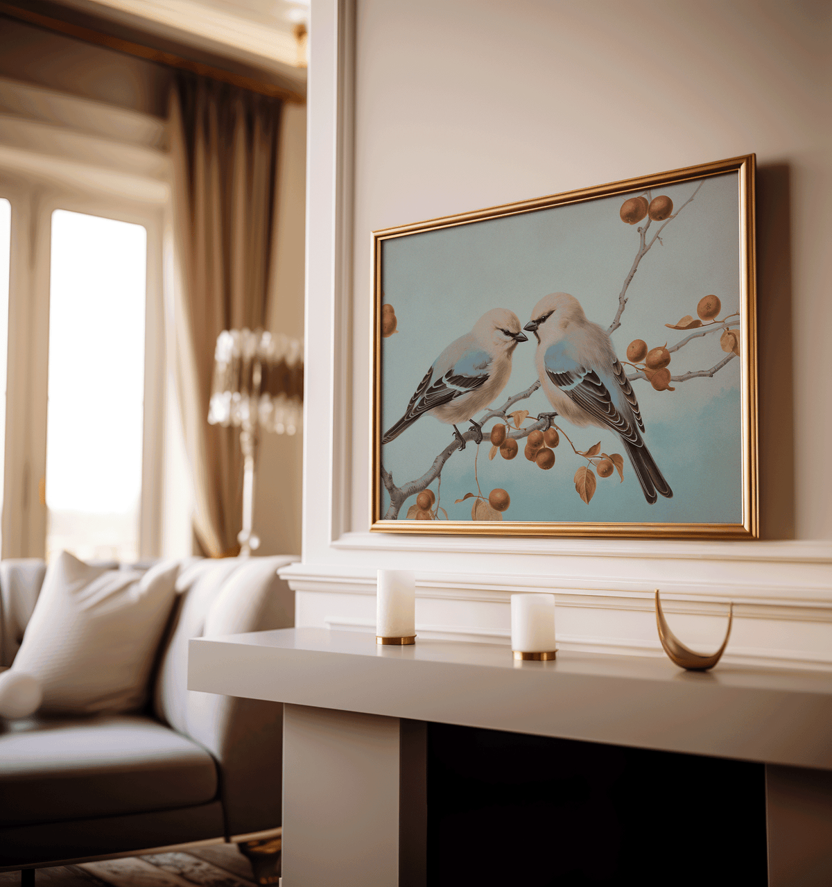 Framed vintage canvas wall art print of two birds on a branch with berries in a living room above a fireplace mantel