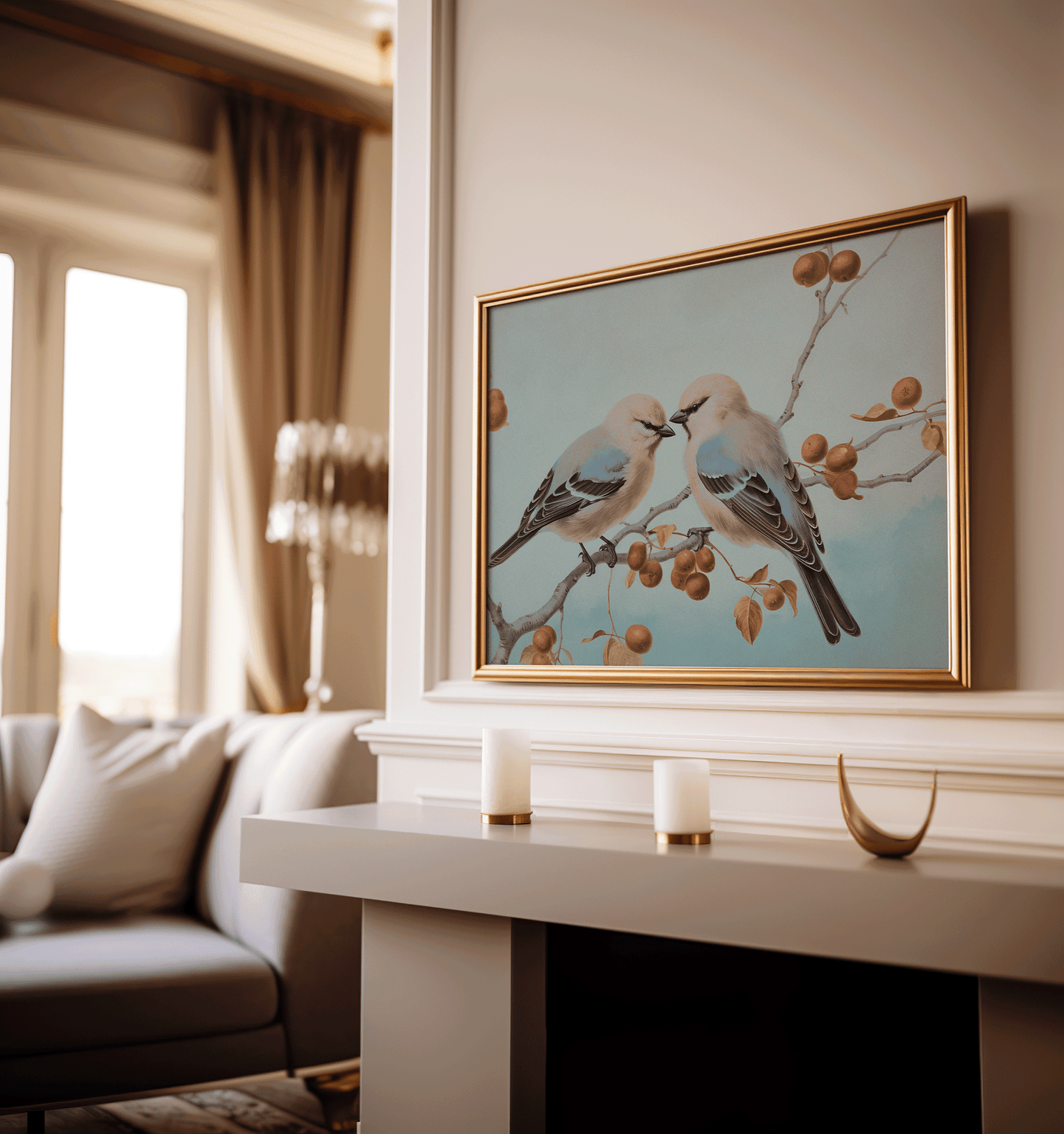 Framed vintage canvas wall art print of two birds on a branch with berries in a living room above a fireplace mantel