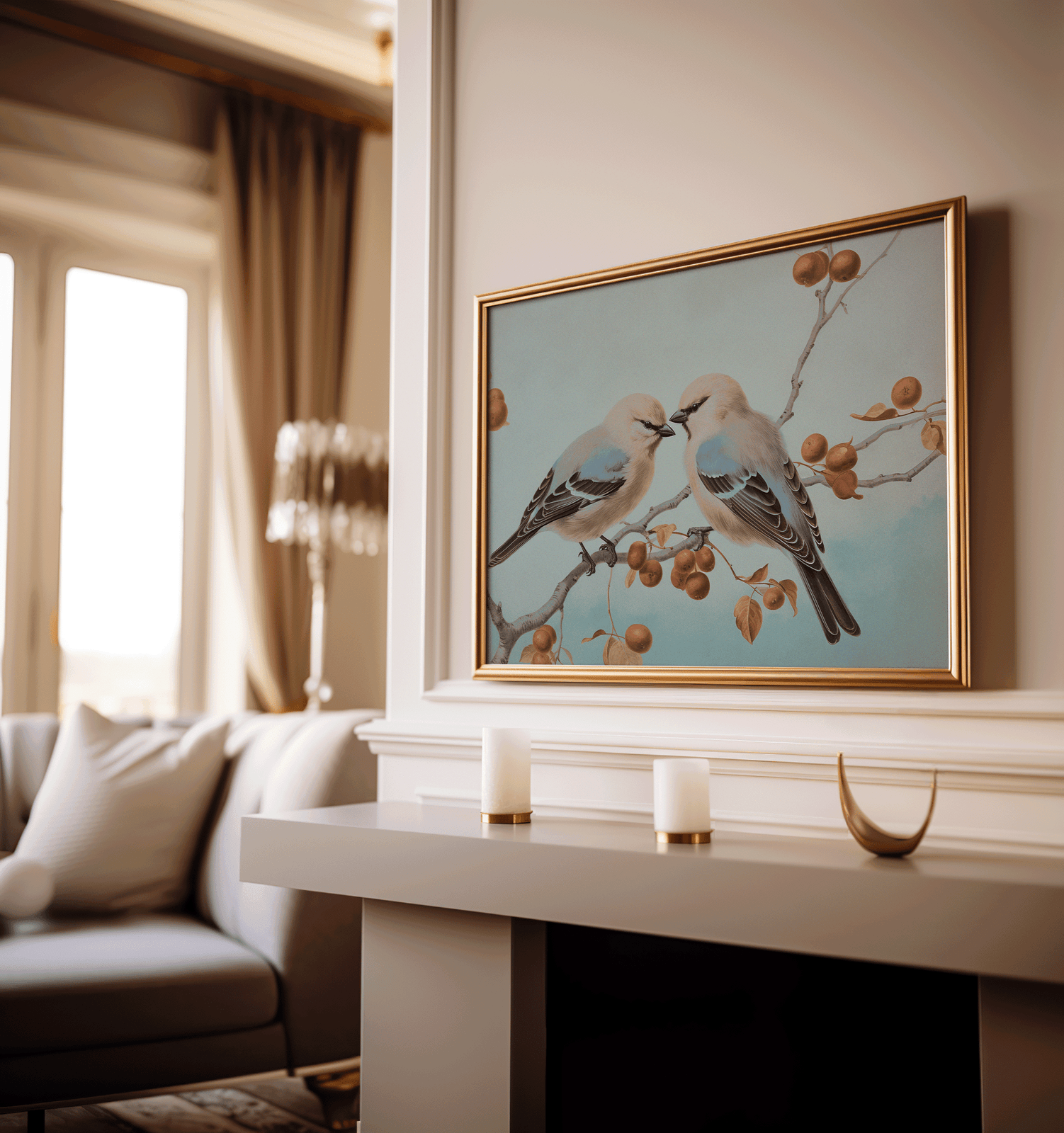 Framed vintage canvas wall art print of two birds on a branch with berries in a living room above a fireplace mantel
