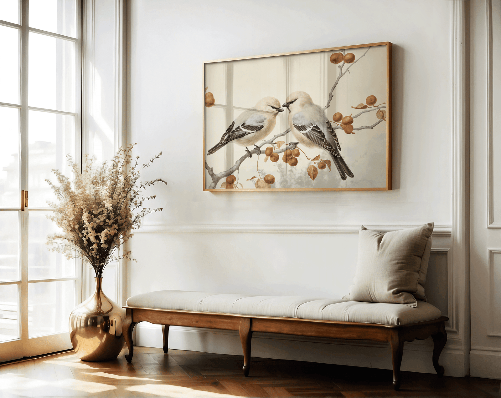 Gold framed vintage bird wall art above a bench near a window