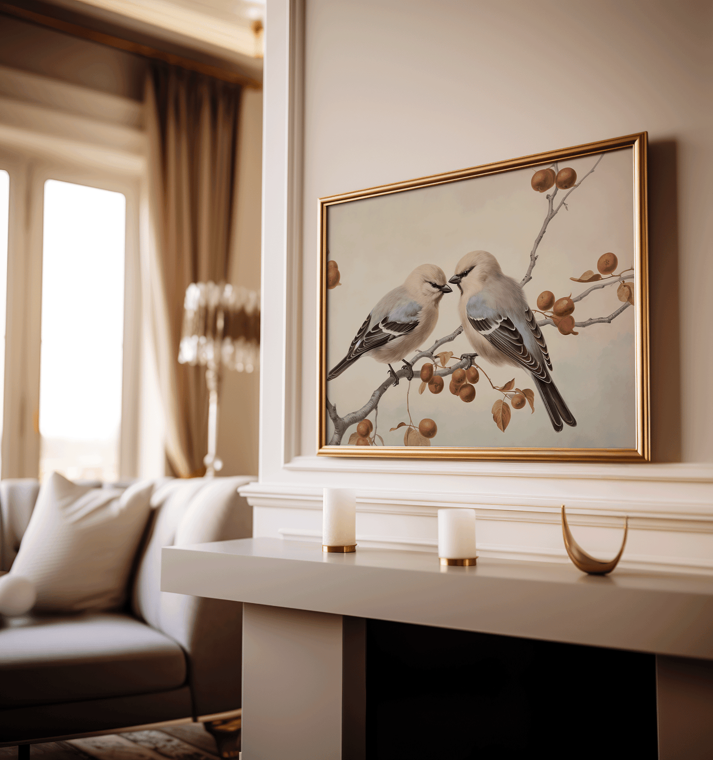 Gold framed vintage bird wall art above a fireplace mantle