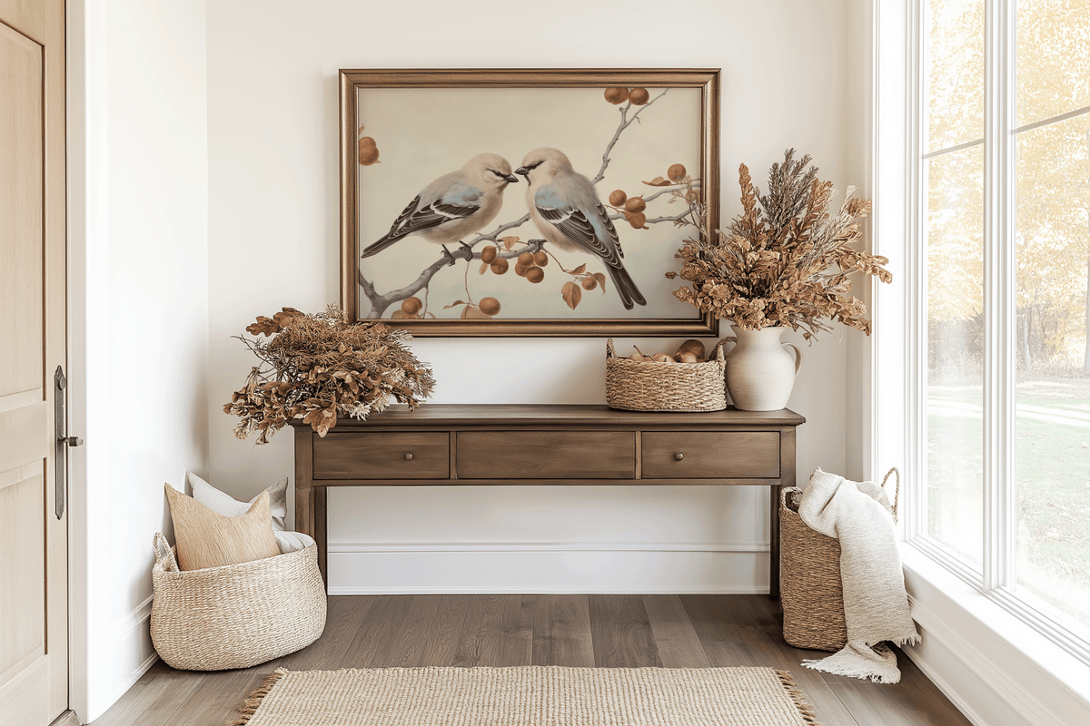 Vintage bird wall art in natural frame above a wooden console table in an entryway