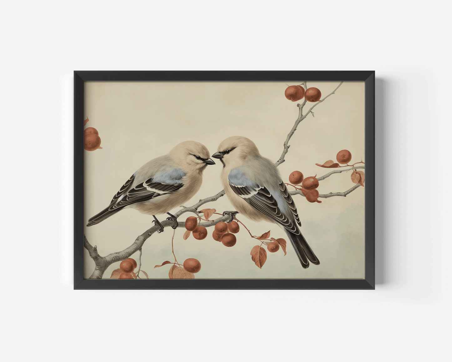 Black framed vintage bird wall art print of two birds on a berry branch