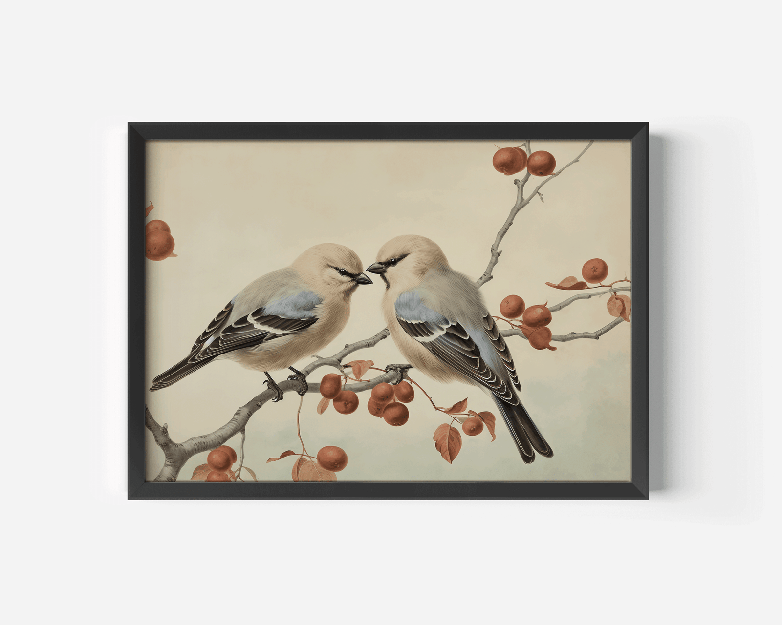 Black framed vintage bird wall art print of two birds on a berry branch