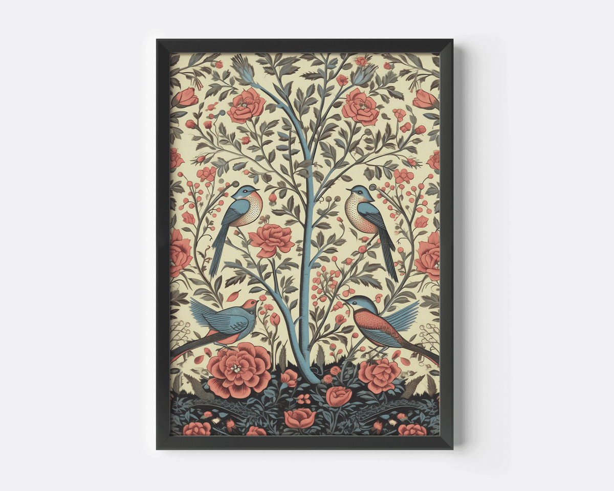 Vintage bird wall art with blue birds and coral roses in a tree of life pattern in a black frame