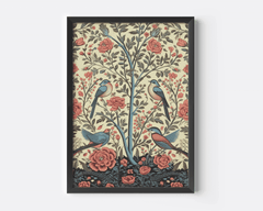 Vintage bird wall art with blue birds and coral roses in a tree of life pattern in a black frame