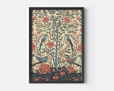 Vintage bird wall art with blue birds and coral roses in a tree of life pattern in a black frame