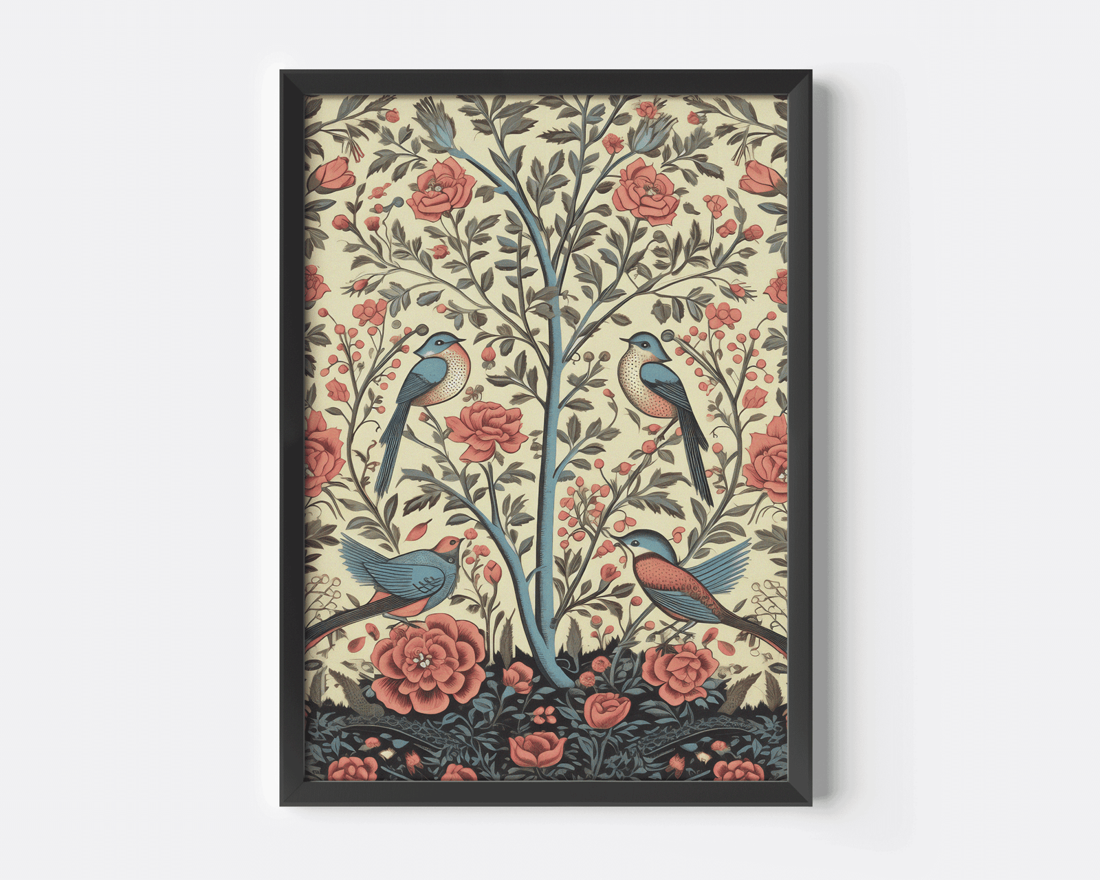 Vintage bird wall art with blue birds and coral roses in a tree of life pattern in a black frame