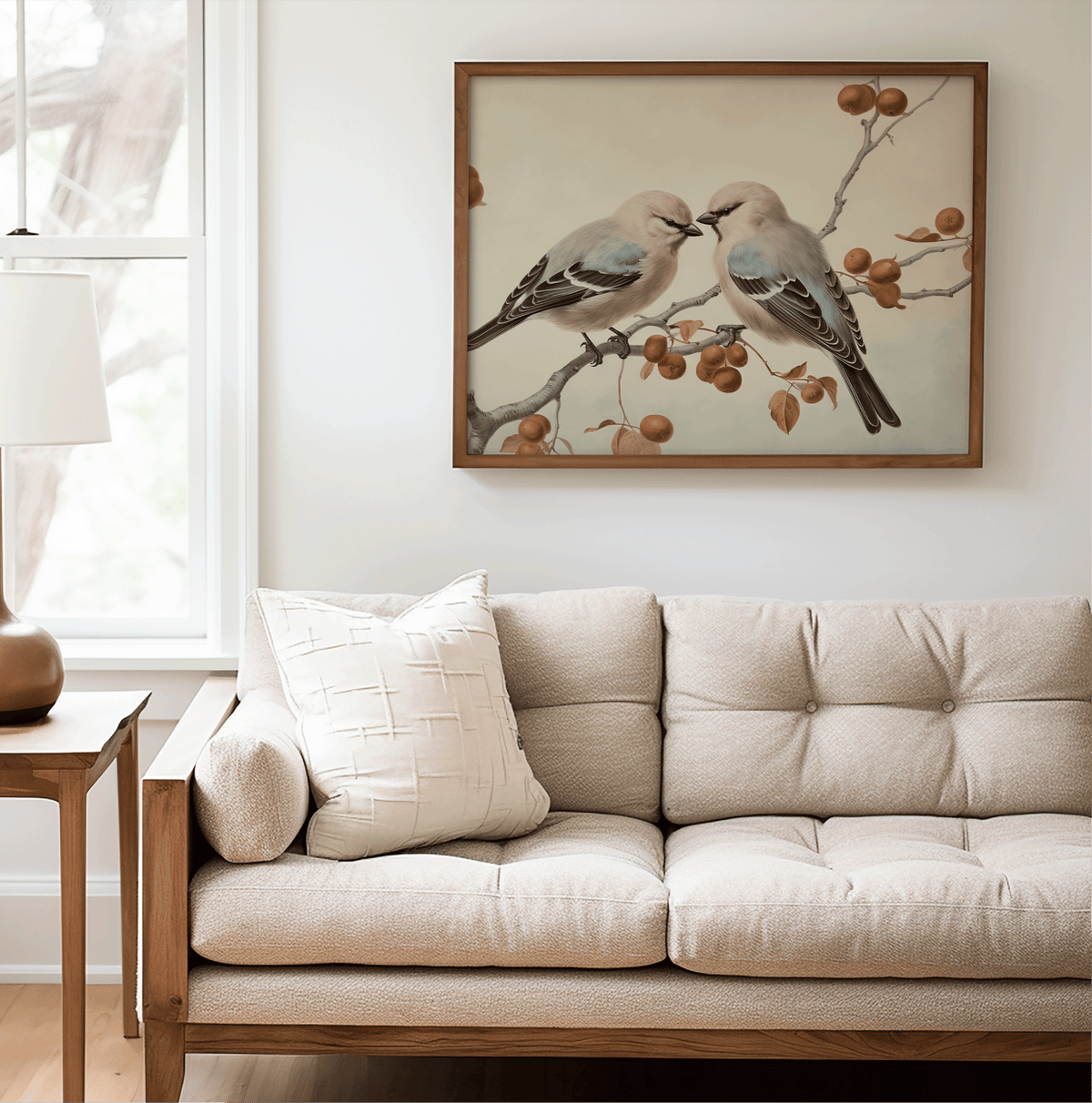 Walnut framed vintage bird wall art above a beige sofa in a living room