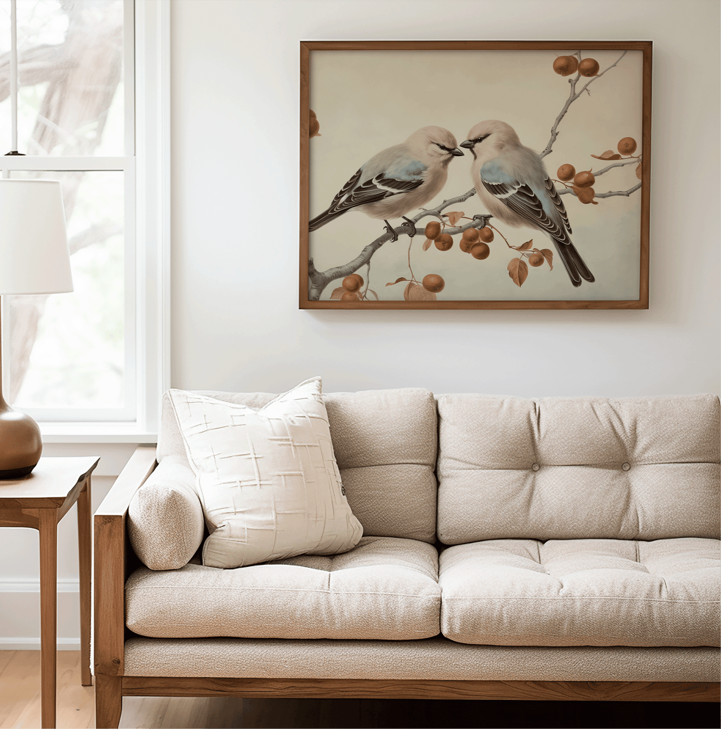 Walnut framed vintage bird wall art above a beige sofa in a living room