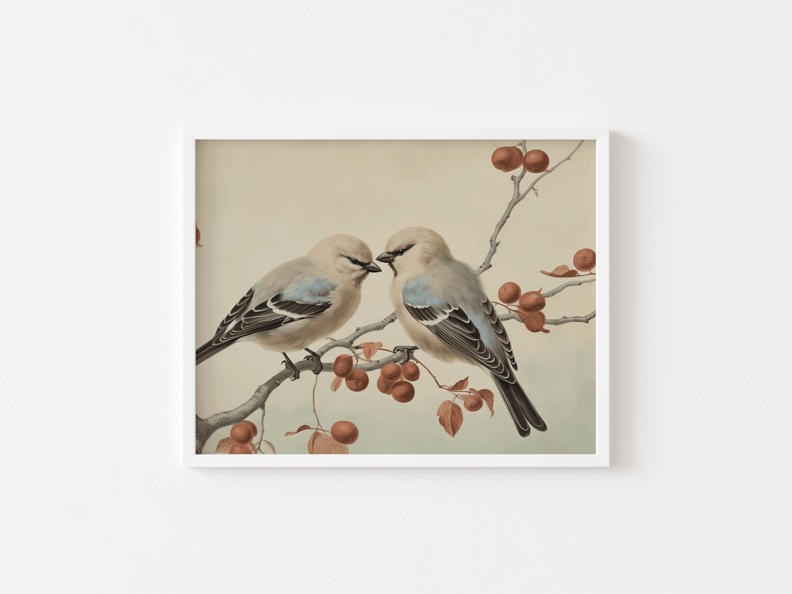 White framed vintage bird wall art of two birds on a berry branch
