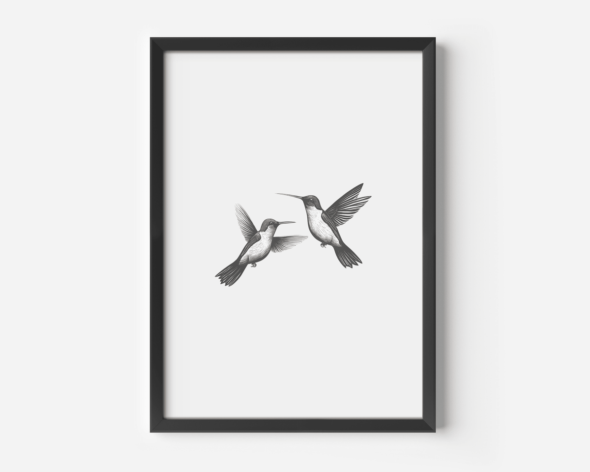 Minimal black and white hummingbird sketch in a matte black frame on a white background