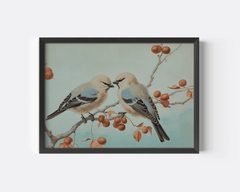 Black framed canvas wall art of two vintage birds perched on a branch with berries against a light blue background.