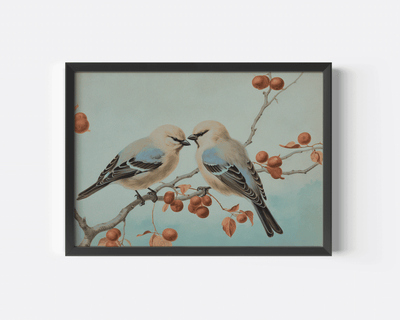 Black framed canvas wall art of two vintage birds perched on a branch with berries against a light blue background.