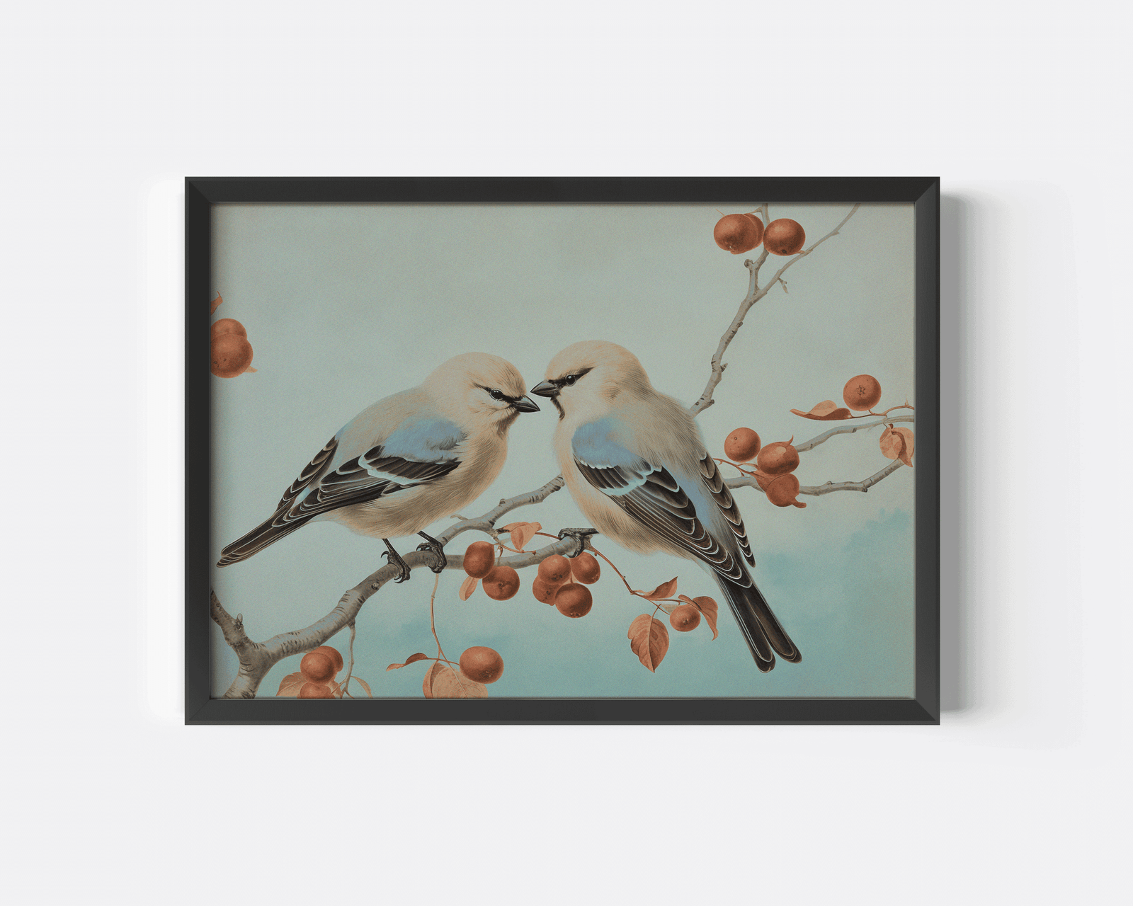Black framed canvas wall art of two vintage birds perched on a branch with berries against a light blue background.