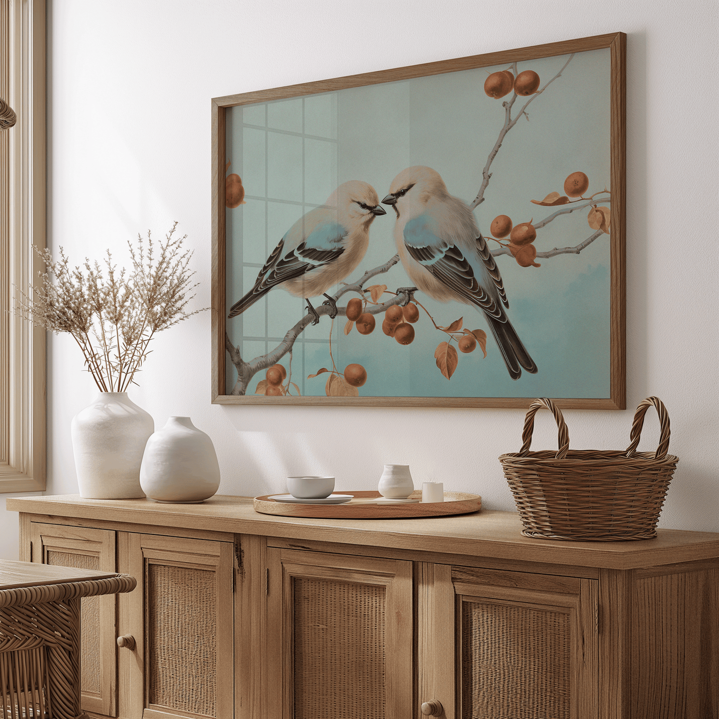 Wood-framed vintage canvas wall art print of birds on a branch with fruit above a wooden cabinet in dining room