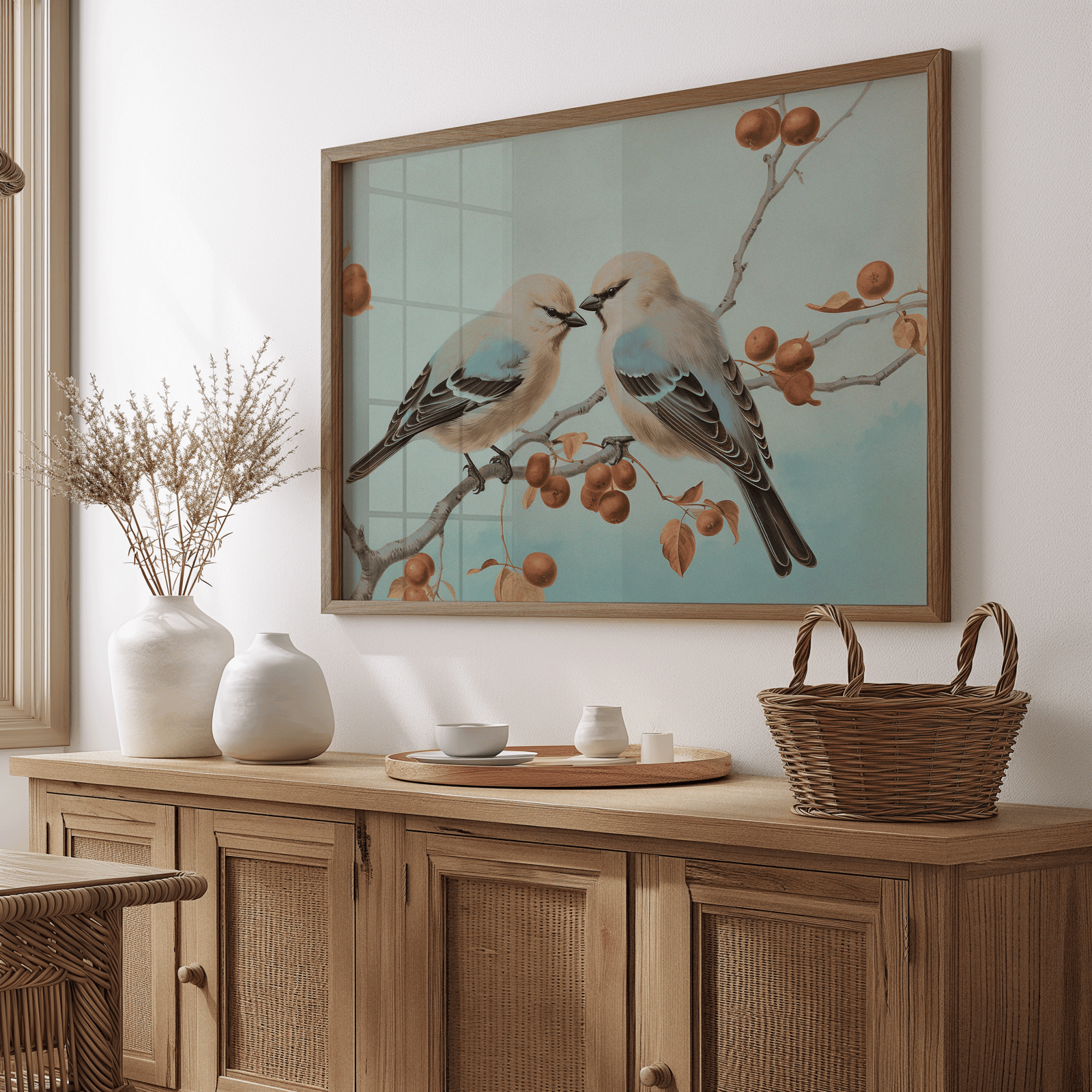 Wood-framed vintage canvas wall art print of birds on a branch with fruit above a wooden cabinet in dining room