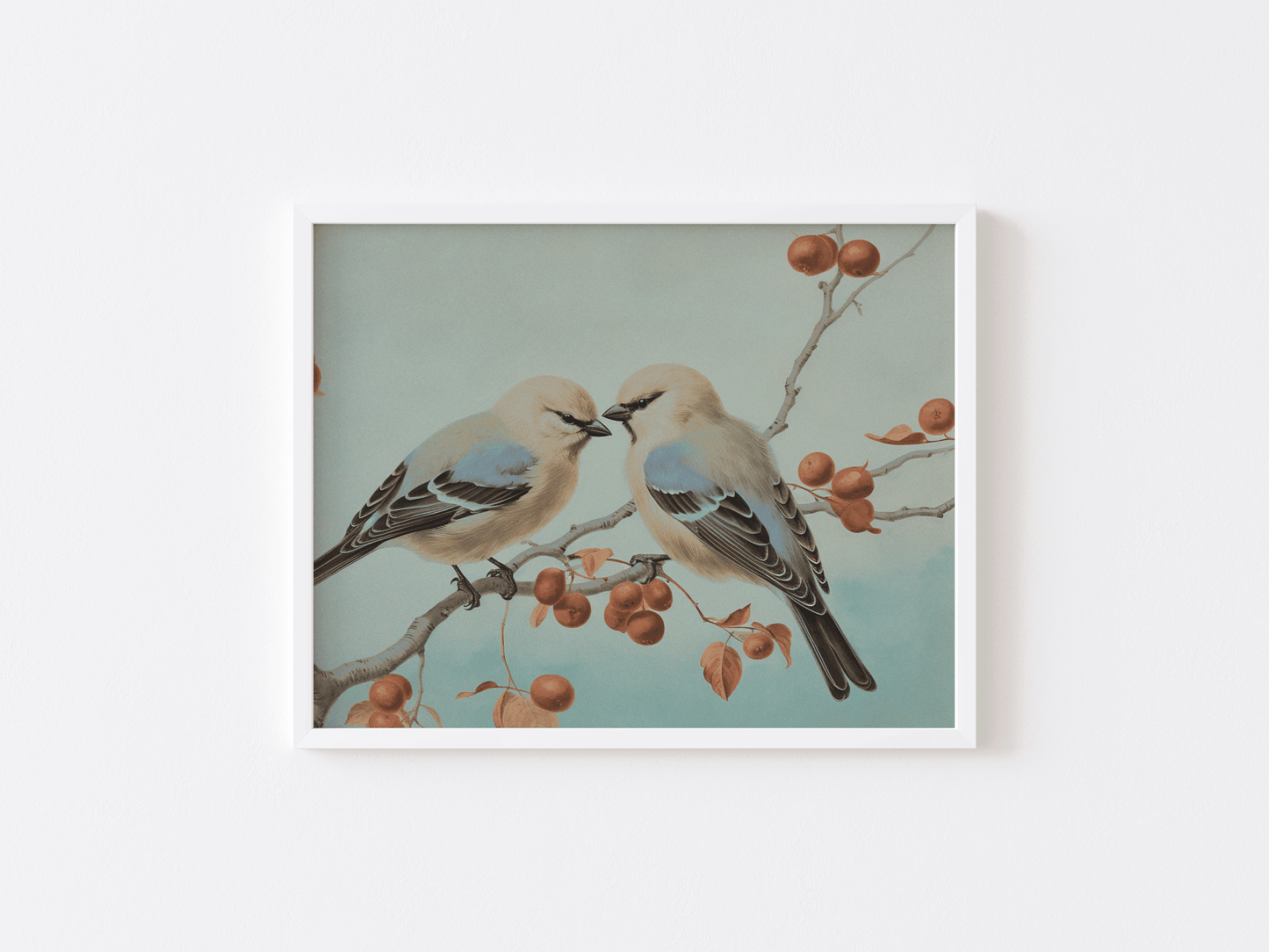 Vintage birds on a branch with berries against a light blue background a white wooden frame 