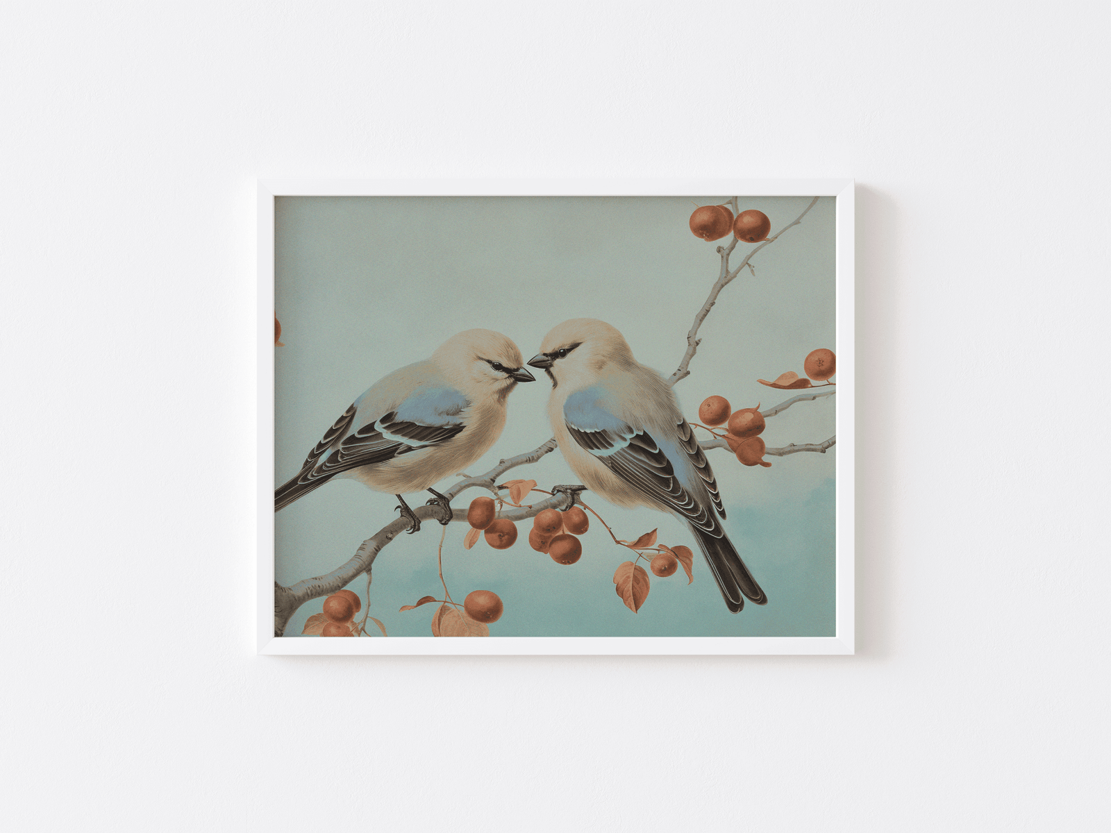 Vintage birds on a branch with berries against a light blue background a white wooden frame 