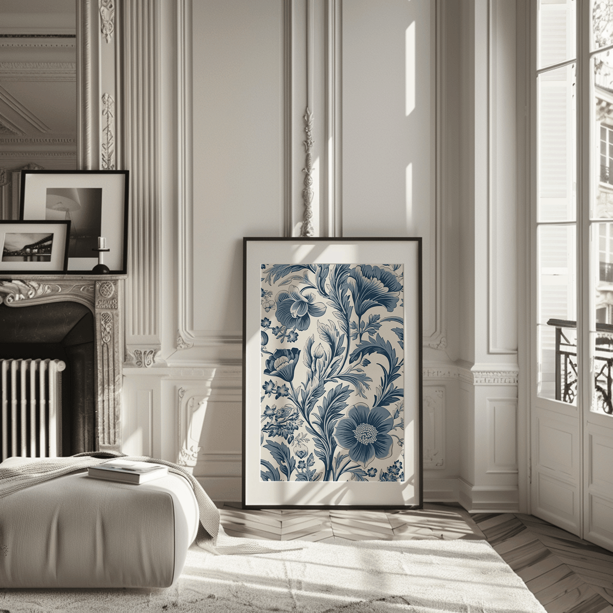 Vintage blue floral print leaning beside a fireplace in a classic grey room