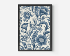 Black-framed vintage navy and cream floral print on a white background