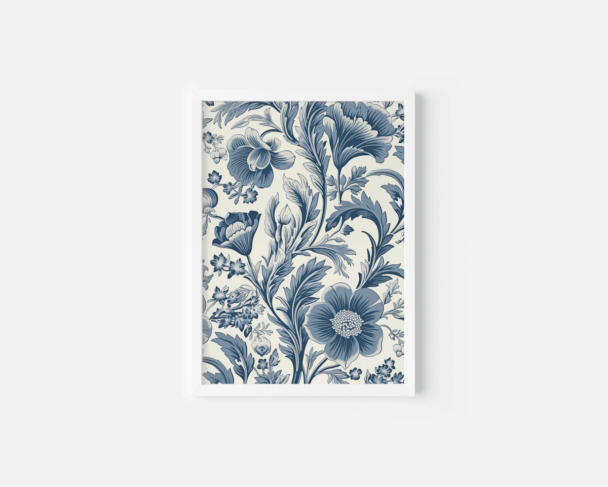 Vintage navy and cream floral print on a white background