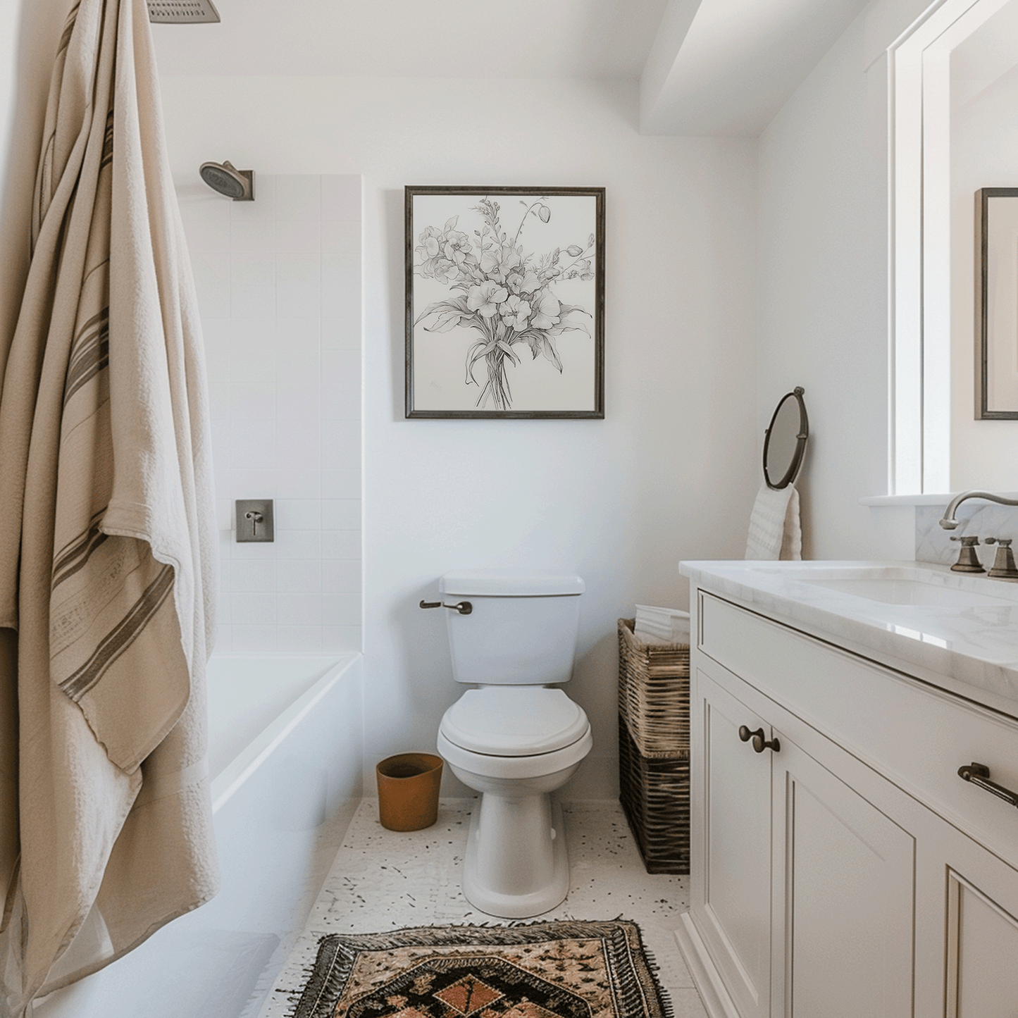 Framed black and white botanical sketch hanging above a toilet in a bright white bathroom with neutral textiles