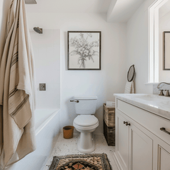 Framed black and white botanical sketch hanging above a toilet in a bright white bathroom with neutral textiles