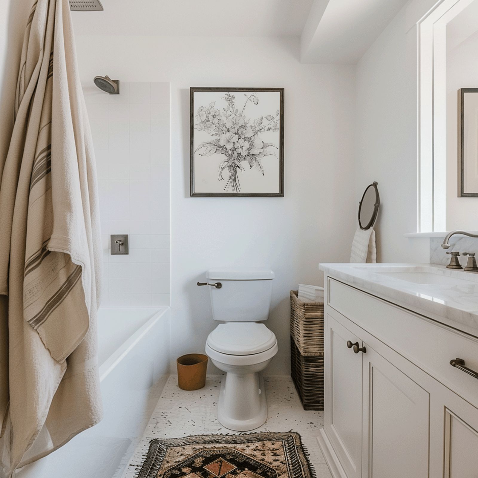 Framed black and white botanical sketch hanging above a toilet in a bright white bathroom with neutral textiles