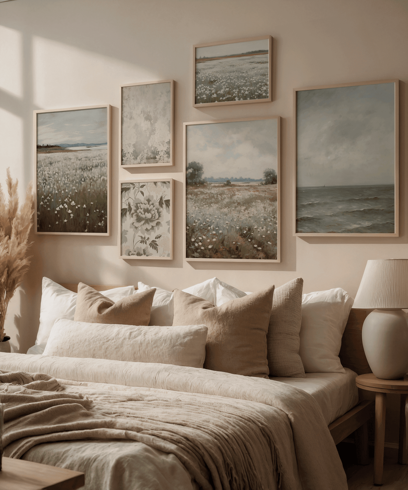 Curated gallery wall featuring vintage botanical prints, rustic wildflower landscapes, and muted nature artwork above a cozy neutral bed — perfect for cottagecore bedrooms and modern farmhouse interiors.