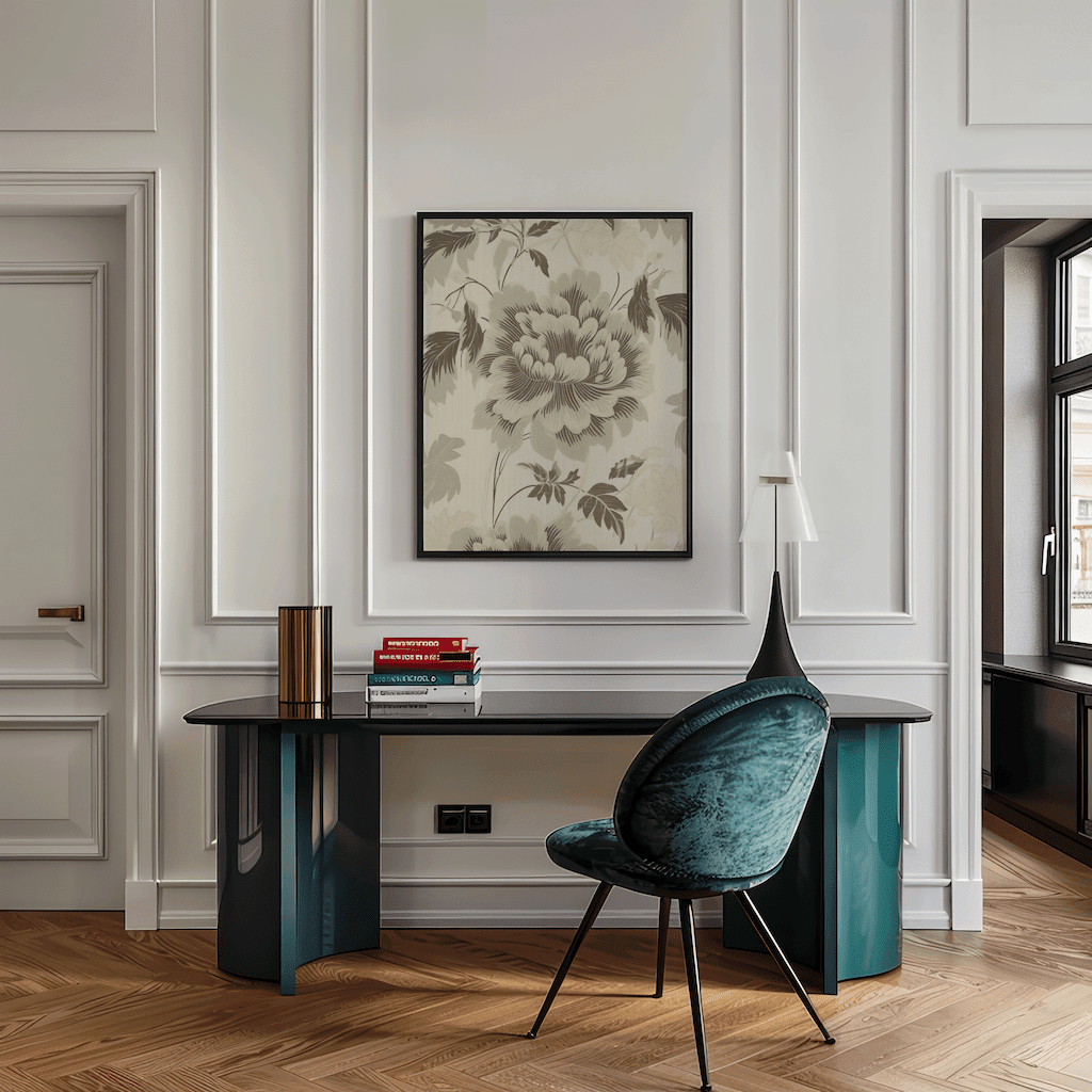 Vintage botanical wall art with green floral pattern and beige background displayed above desk in stylish modern office