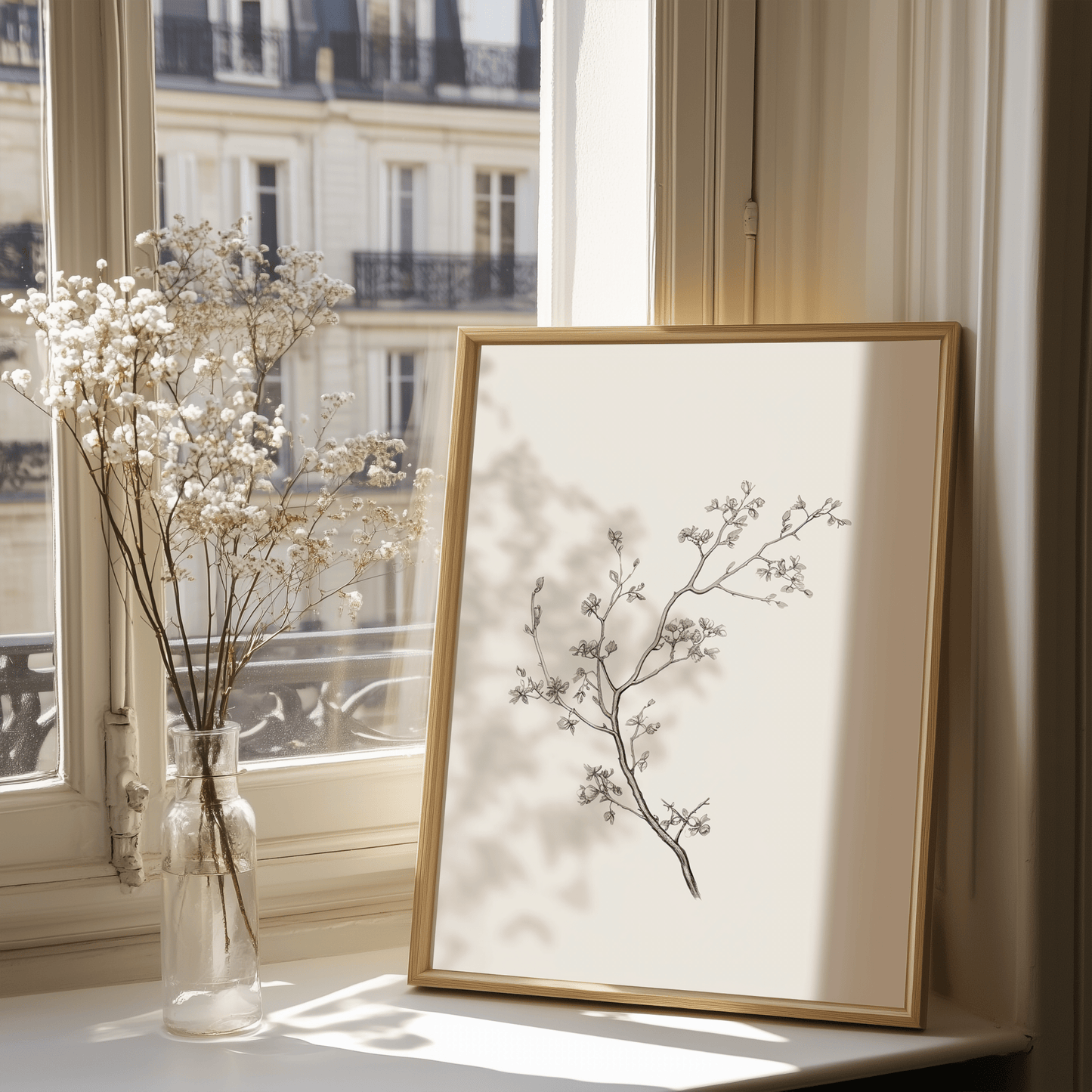 Framed minimal vintage wall art print of a branch on a windowsill with a vase of dried flowers.