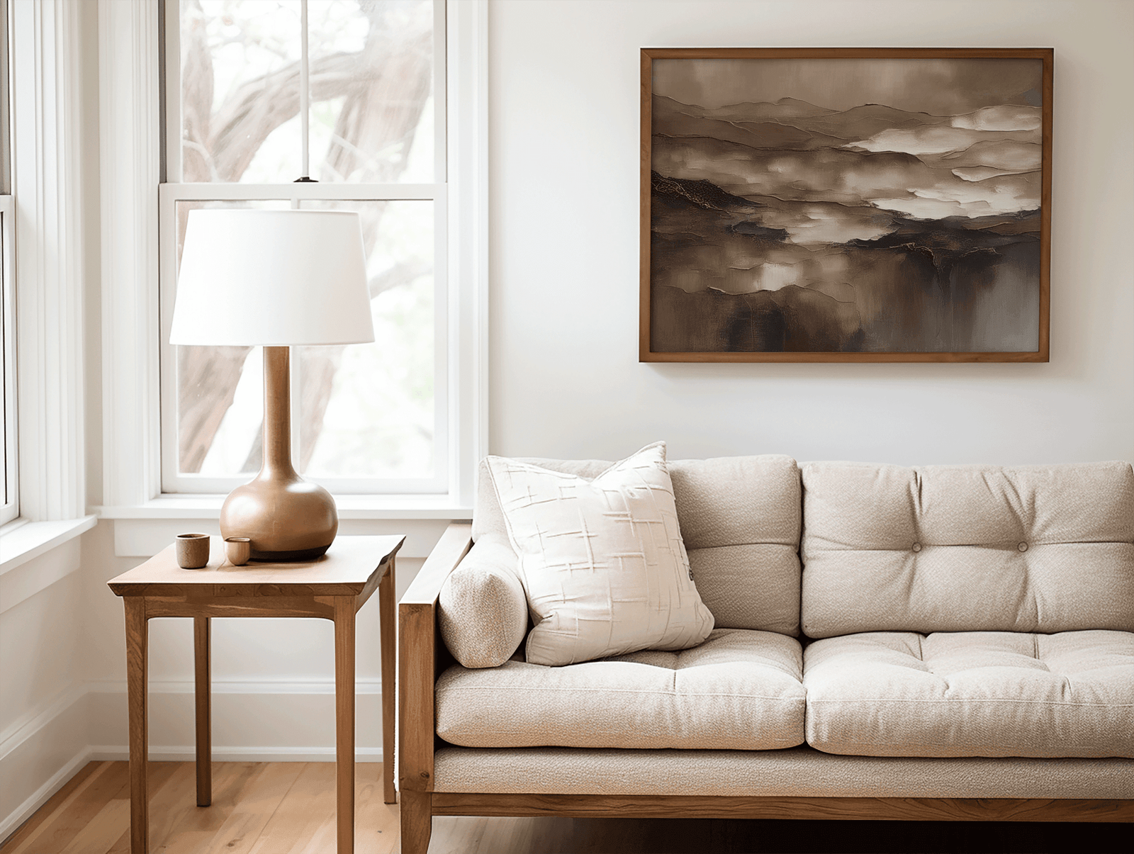 Vintage brown abstract wall art in a wood frame above a neutral sofa in a cozy living room