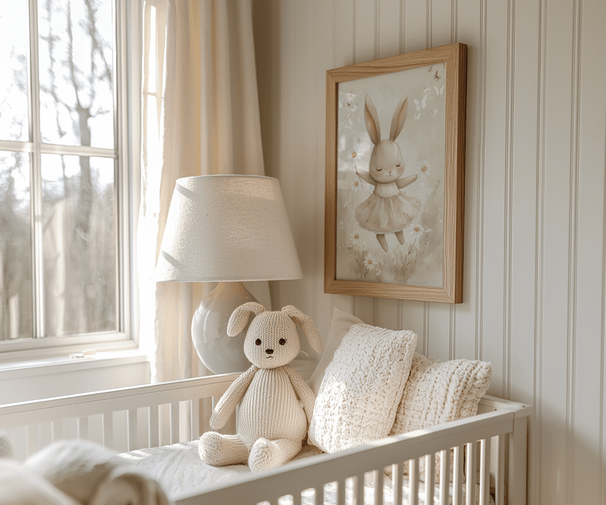 Vintage bunny nursery art in a natural frame above a crib by a window with a plush bunny and lamp