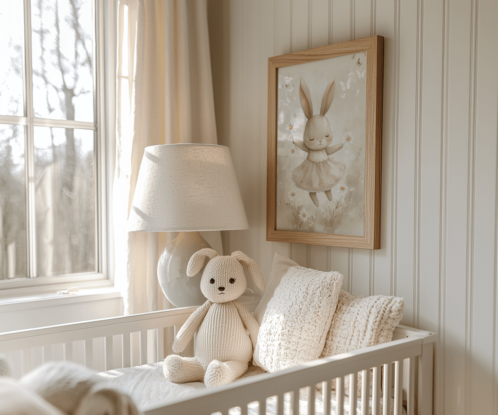 Vintage bunny nursery art in a natural frame above a crib by a window with a plush bunny and lamp