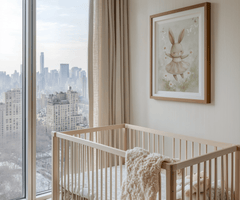 Vintage bunny nursery print in a natural frame above a wooden crib beside a city skyline window