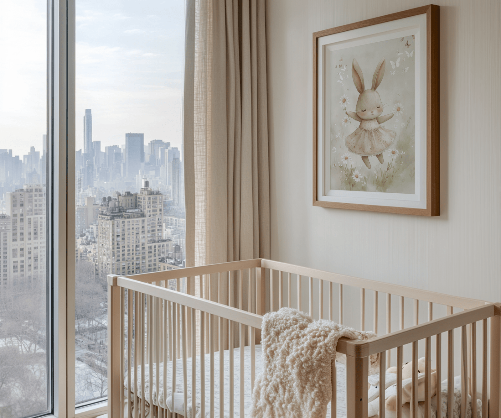 Vintage bunny nursery print in a natural frame above a wooden crib beside a city skyline window